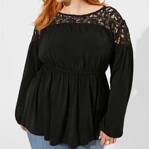 Torrid Studio Crepe Neck Lace Yoke Babydoll Top
